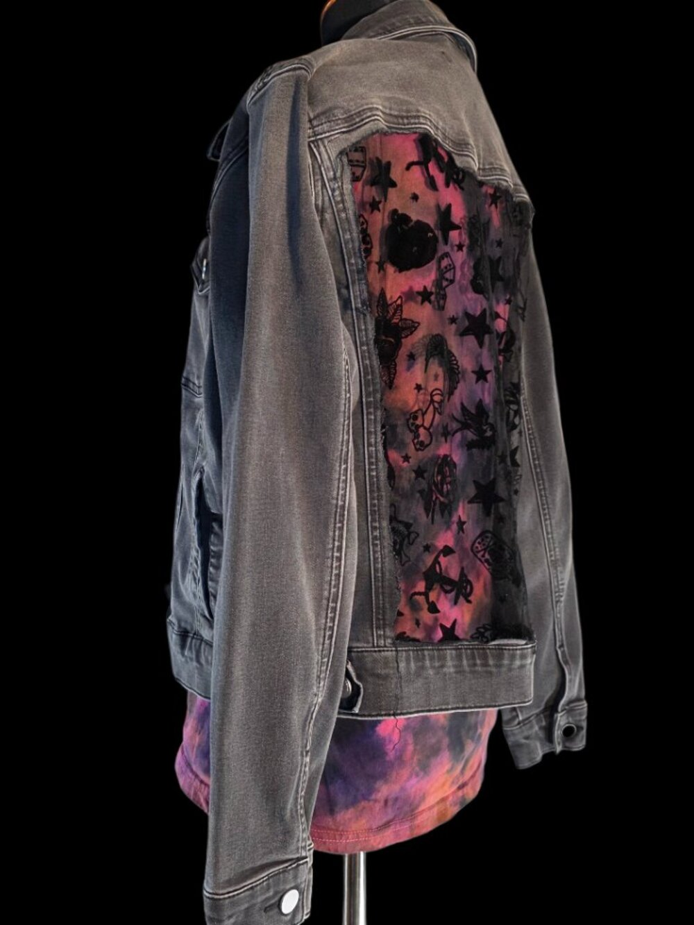 Prosperity Distressed Denim Jacket | Tattoo Flash Sheer Back Panel | Gothic